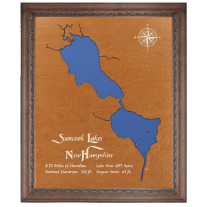 Suncook Lakes, New Hampshire Stained Wood and Dark Walnut Frame Lake Map Silhouette