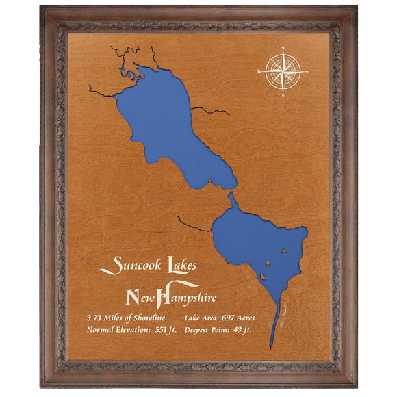 Suncook Lakes, New Hampshire Stained Wood and Dark Walnut Frame Lake Map Silhouette
