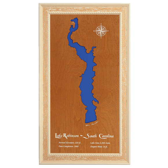 Lake Robinson, Hartsville, South Carolina Stained Wood and Distressed White Frame Lake Map Silhouette
