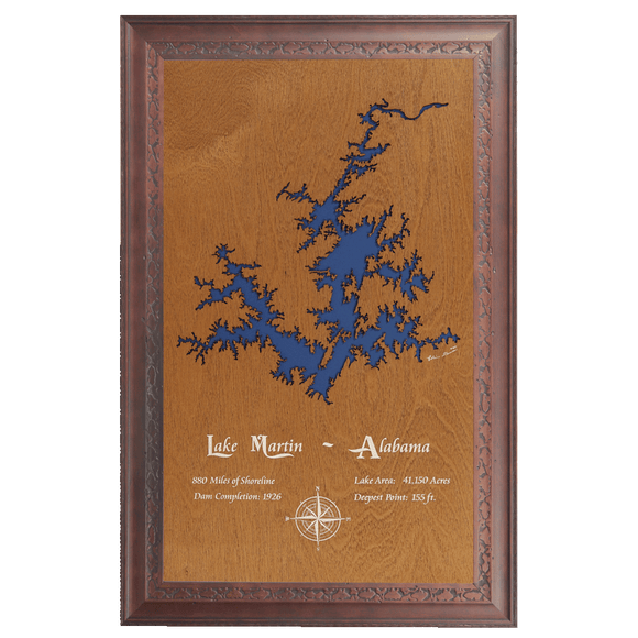 Lake Martin, Alabama Stained Wood and Dark Walnut Frame Lake Map Silhouette