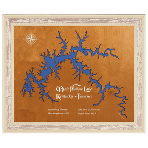 Dale Hollow Lake, Kentucky and Tennessee Stained Wood and Distressed White Frame Lake Map Silhouette