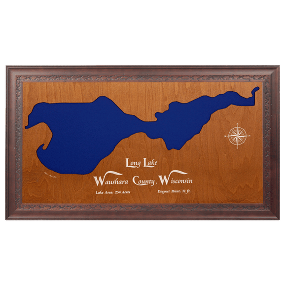 Long Lake, Wisconsin Stained Wood and Dark Walnut Frame Lake Map Silhouette