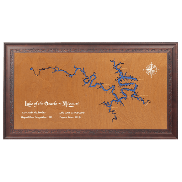 Lake of the Ozarks, Missouri Stained Wood and Dark Walnut Frame Lake Map Silhouette