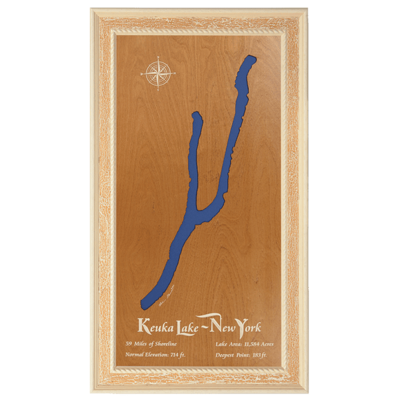 Keuka Lake, New York Stained Wood and Distressed White Frame Lake Map Silhouette