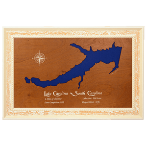 Lake Carolina, South Carolina Stained Wood and Distressed White Frame Lake Map Silhouette