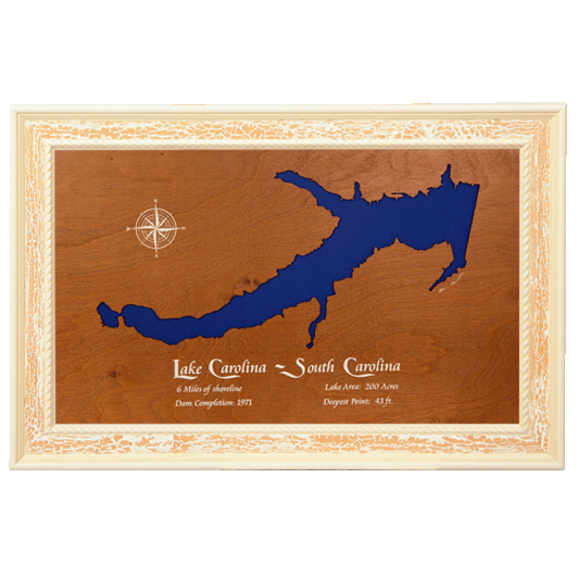 Lake Carolina, South Carolina Stained Wood and Distressed White Frame Lake Map Silhouette