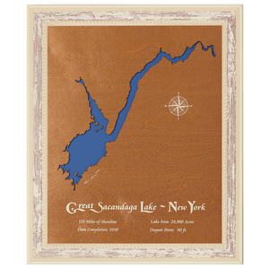 Great Scanadaga Lake, New York Stained Wood and Distressed White Frame Lake Map Silhouette