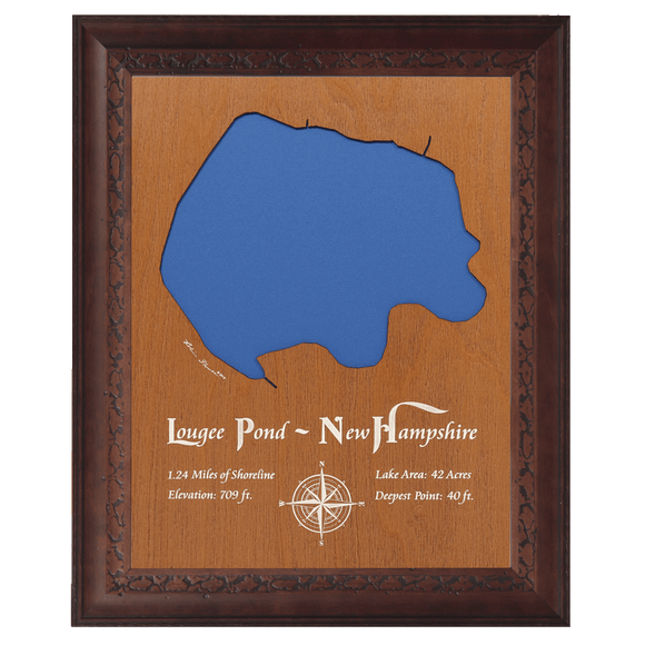 Lougee Pond, New Hampshire Stained Wood and Dark Walnut Frame Lake Map Silhouette