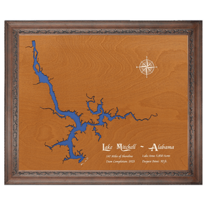 Lake Mitchell, Alabama Stained Wood and Dark Walnut Frame Lake Map Silhouette