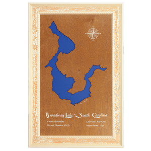 Broadway Lake, South Carolina Stained Wood and Distressed White Frame Lake Map Silhouette
