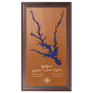 Lake Russell, Georgia and South Carolina Stained Wood and Dark Walnut Frame Lake Map Silhouette