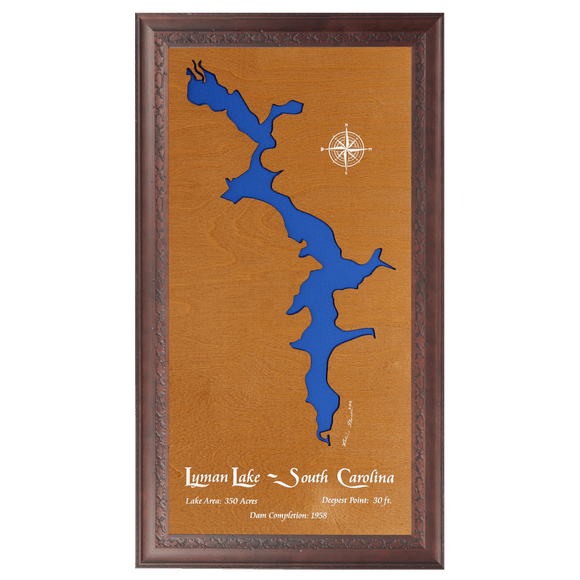 Lyman Lake, South Carolina Stained Wood and Dark Walnut Frame Lake Map Silhouette