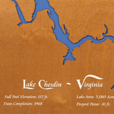 Lake Chesdin, Virginia Stained Wood and Distressed White Frame Lake Map Silhouette