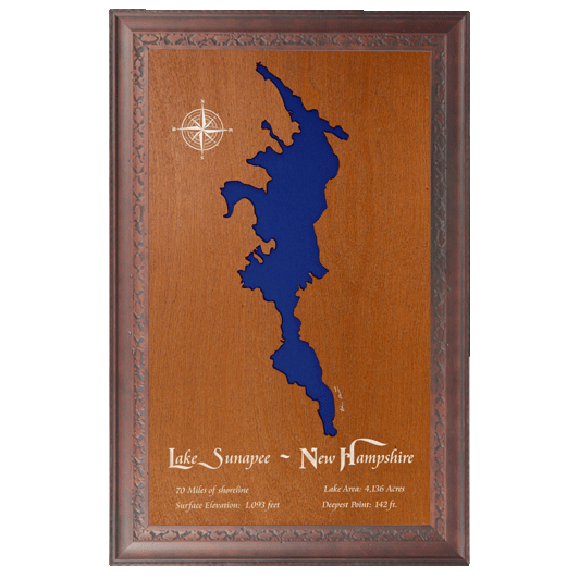 Lake Sunapee, New Hampshire Stained Wood and Dark Walnut Frame Lake Map Silhouette