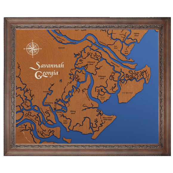 Savannah, Georgia Stained Wood and Dark Walnut Frame Lake Map Silhouette
