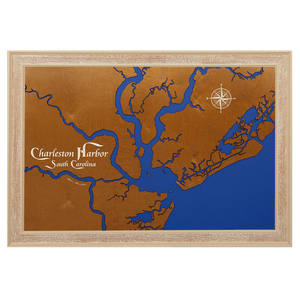 Charleston Harbor, South Carolina Stained Wood and Distressed White Frame Lake Map Silhouette