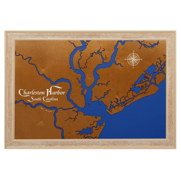 Charleston Harbor, South Carolina Stained Wood and Distressed White Frame Lake Map Silhouette