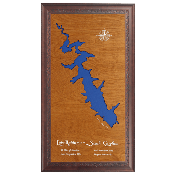 Lake Robinson, Greer, South Carolina Stained Wood and Dark Walnut Frame Lake Map Silhouette