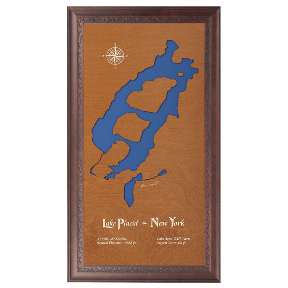 Lake Placid, New York Stained Wood and Dark Walnut Frame Lake Map Silhouette