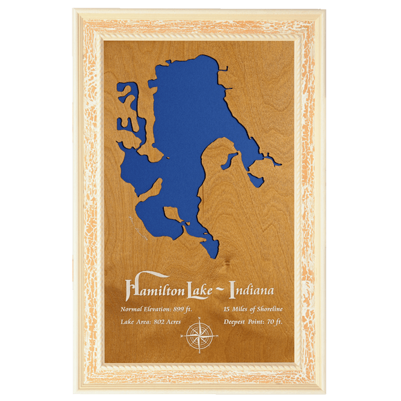 Hamilton Lake, Indiana Stained Wood and Distressed White Frame Lake Map Silhouette