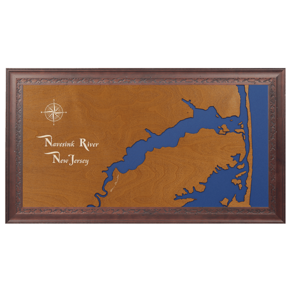 Navesink River, New Jersey Stained Wood and Dark Walnut Frame Lake Map Silhouette