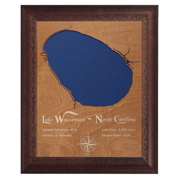 Lake Waccamaw, North Carolina Stained Wood and Dark Walnut Frame Lake Map Silhouette