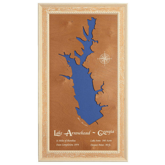 Lake Arrowhead, Georgia Stained Wood and Distressed White Frame Lake Map Silhouette