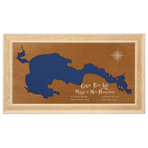 Great East Lake, Maine and New Hampshire Stained Wood and Distressed White Frame Lake Map Silhouette