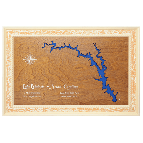 Lake Blalock, South Carolina Stained Wood and Distressed White Frame Lake Map Silhouette