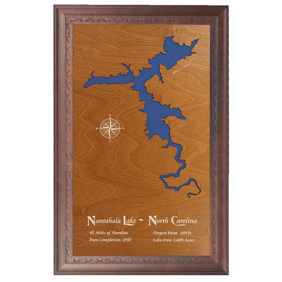 Nantahala Lake, North Carolina Stained Wood and Dark Walnut Frame Lake Map Silhouette