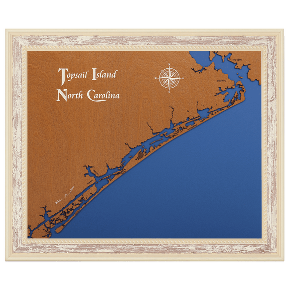 Topsail Island, North Carolina Stained Wood and Distressed White Frame Lake Map Silhouette