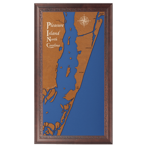 Pleasure Island, North Carolina Stained Wood and Dark Walnut Frame Lake Map Silhouette