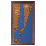 Pleasure Island, North Carolina Stained Wood and Dark Walnut Frame Lake Map Silhouette