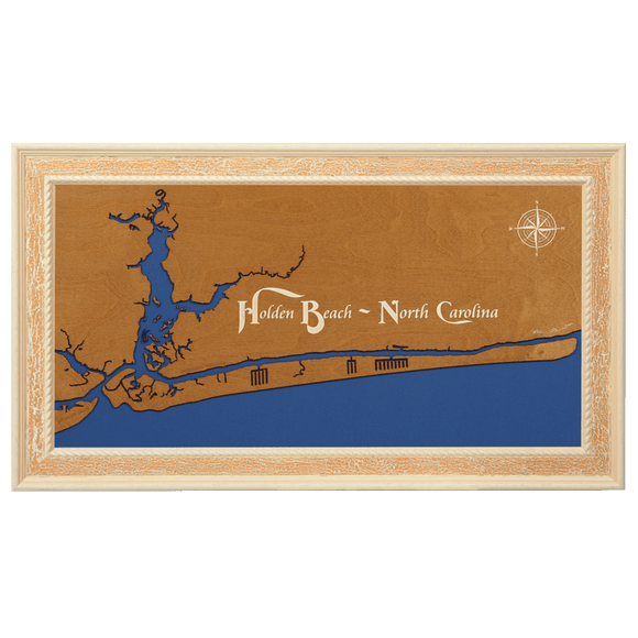 Holden Beach, North Carolina Stained Wood and Distressed White Frame Lake Map Silhouette
