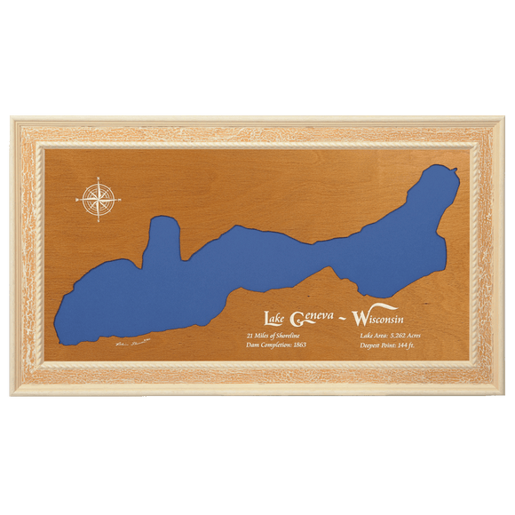 Lake Geneva, Wisconsin Stained Wood and Distressed White Frame Lake Map Silhouette