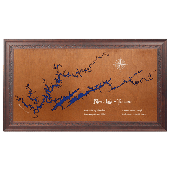 Norris Lake, Tennessee Stained Wood and Dark Walnut Frame Lake Map Silhouette
