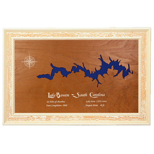 Lake Bowen, South Carolina Stained Wood and Distressed White Frame Lake Map Silhouette
