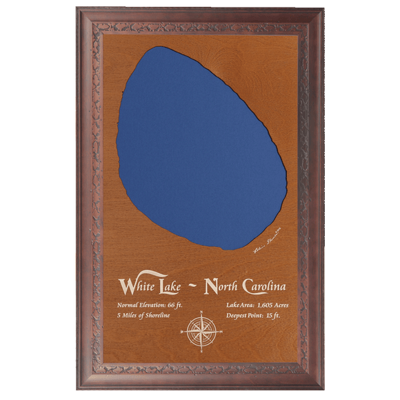 White Lake, North Carolina Stained Wood and Dark Walnut Frame Lake Map Silhouette