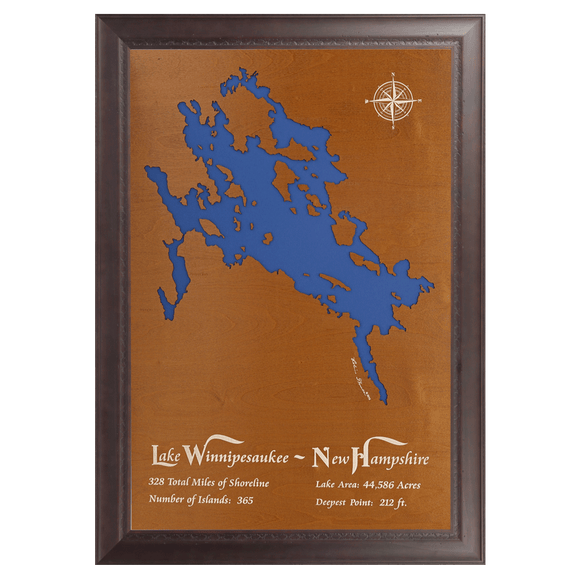 Lake Winnipesaukee, New Hampshire Stained Wood and Dark Walnut Frame Lake Map Silhouette