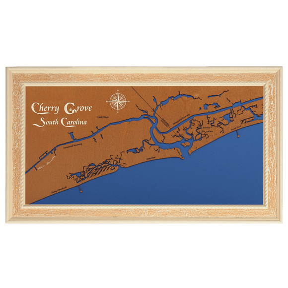 Cherry Grove, South Carolina Stained Wood and Distressed White Frame Lake Map Silhouette