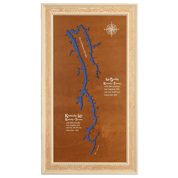 Kentucky Lake and Lake Barkley, Kentucky and Tennessee Stained Wood and Distressed White Frame Lake Map Silhouette