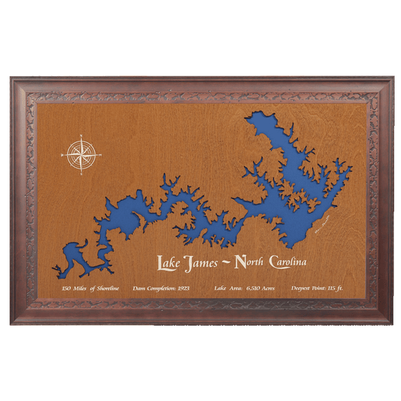 Lake James, North Carolina Stained Wood and Dark Walnut Frame Lake Map Silhouette