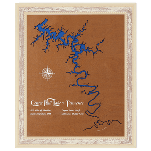 Center Hill Lake, Tennessee Stained Wood and Distressed White Frame Lake Map Silhouette
