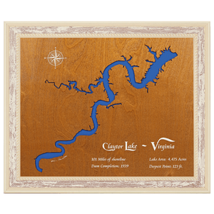 Claytor Lake, Virginia Stained Wood and Distressed White Frame Lake Map Silhouette