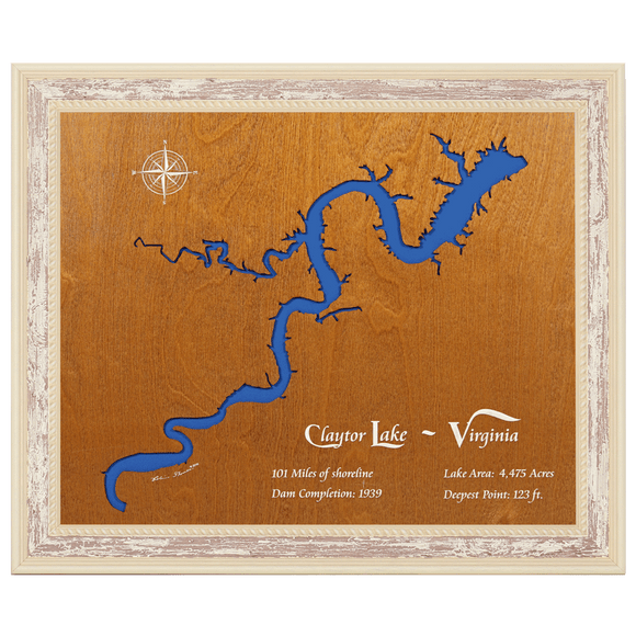 Claytor Lake, Virginia Stained Wood and Distressed White Frame Lake Map Silhouette