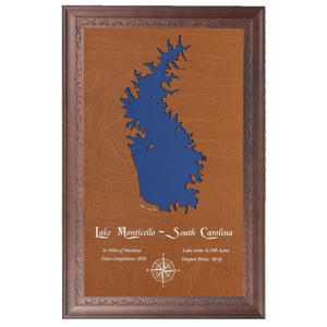 Lake Monticello, South Carolina Stained Wood and Dark Walnut Frame Lake Map Silhouette
