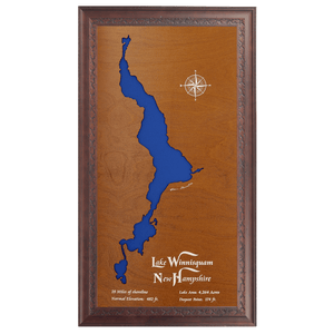 Lake Winnisquam, New Hampshire Stained Wood and Dark Walnut Frame Lake Map Silhouette