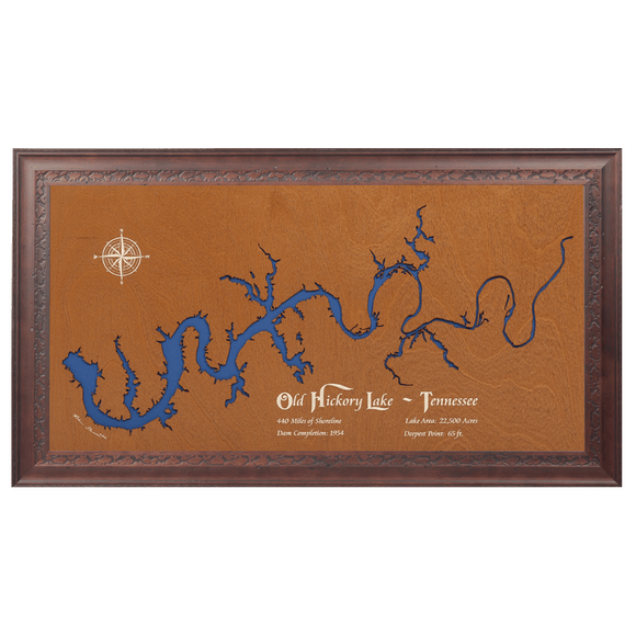 Old Hickory Lake, Tennessee Stained Wood and Dark Walnut Frame Lake Map Silhouette