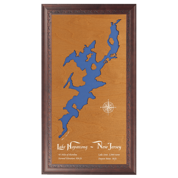 Lake Hopatcong, New Jersey Stained Wood and Dark Walnut Frame Lake Map Silhouette