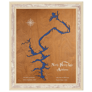 Neely Henry Lake, Alabama Stained Wood and Distressed White Frame Lake Map Silhouette